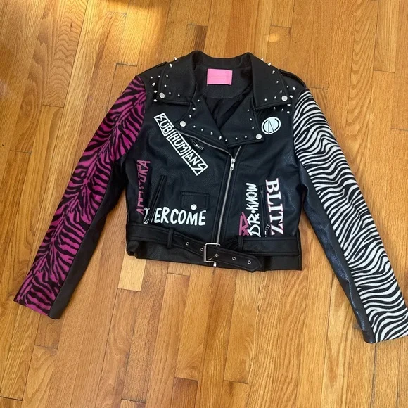 Edgy Black and Pink Leather Jacket with Studded Details - Picture 1 of 4